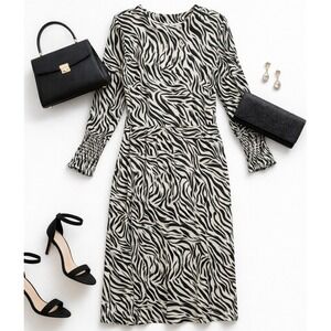 Zebra Print Midi Dress Long Smocked Sleeves Pockets Y2K Trendy Career Work‎ Sz M
